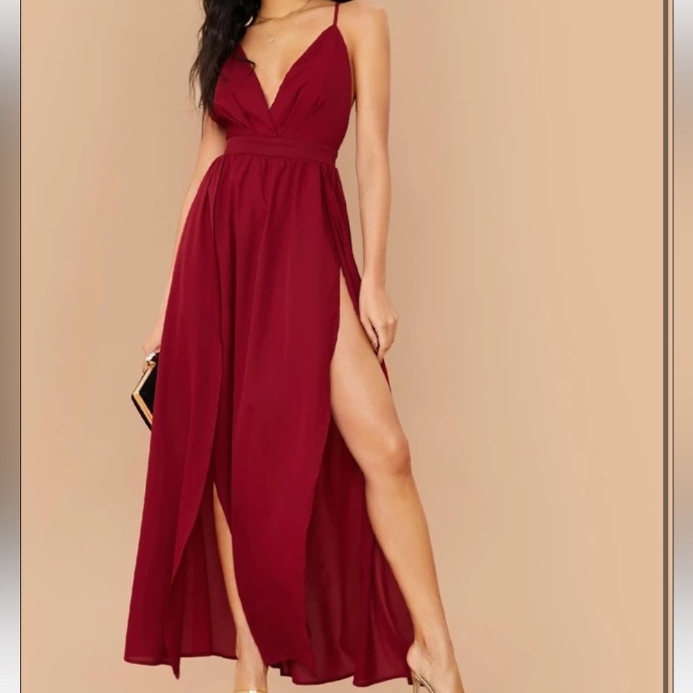 Red Crisscross Back Split Thigh Maxi Dress